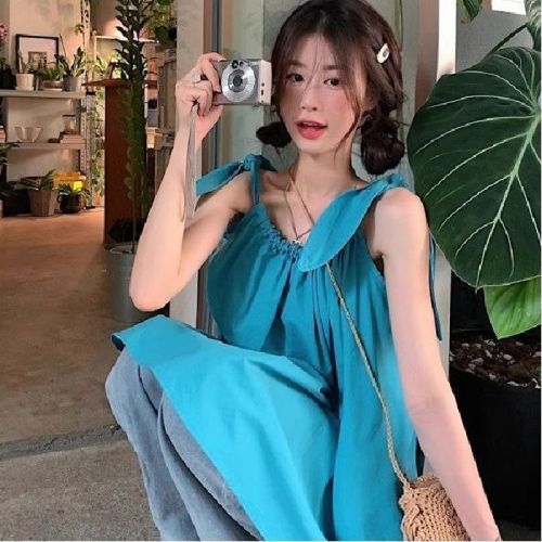 Summer dopamine new fashionable sleeveless drawstring lace-up bow mid-length sweet solid color suspender top trendy