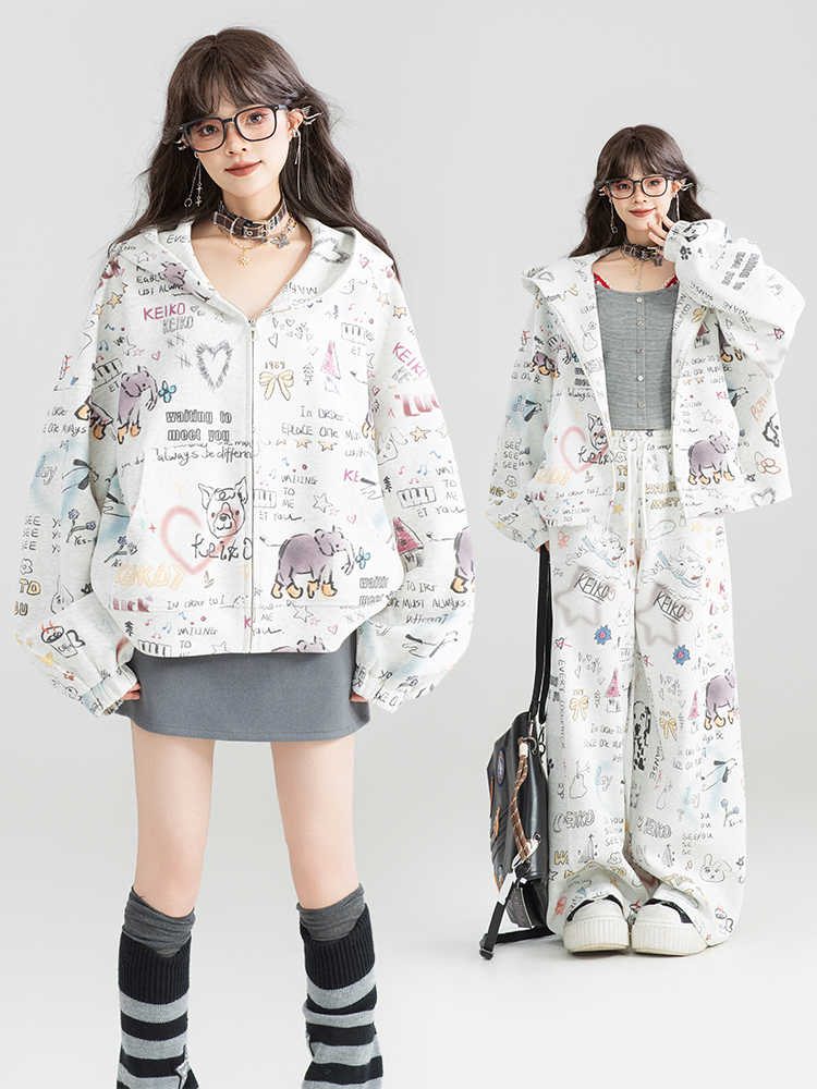 Original workmanship Hua Cotton Print Irregular Graffiti Zipper Jacket Sleeve Pants Sweatshirt Set Two-piece Set Spring and Autumn Women