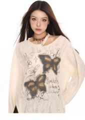 American hot girl design niche long-sleeved T-shirt for women with chic loose and slim and off-shoulder trendy