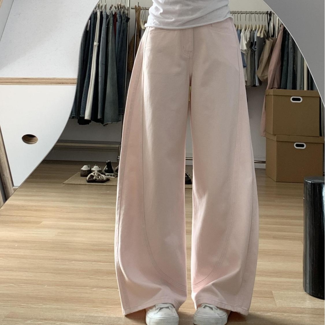 Pink wide-leg jeans for women in spring and autumn 2025 new high-waisted high-loose draped scimitar small straight pants