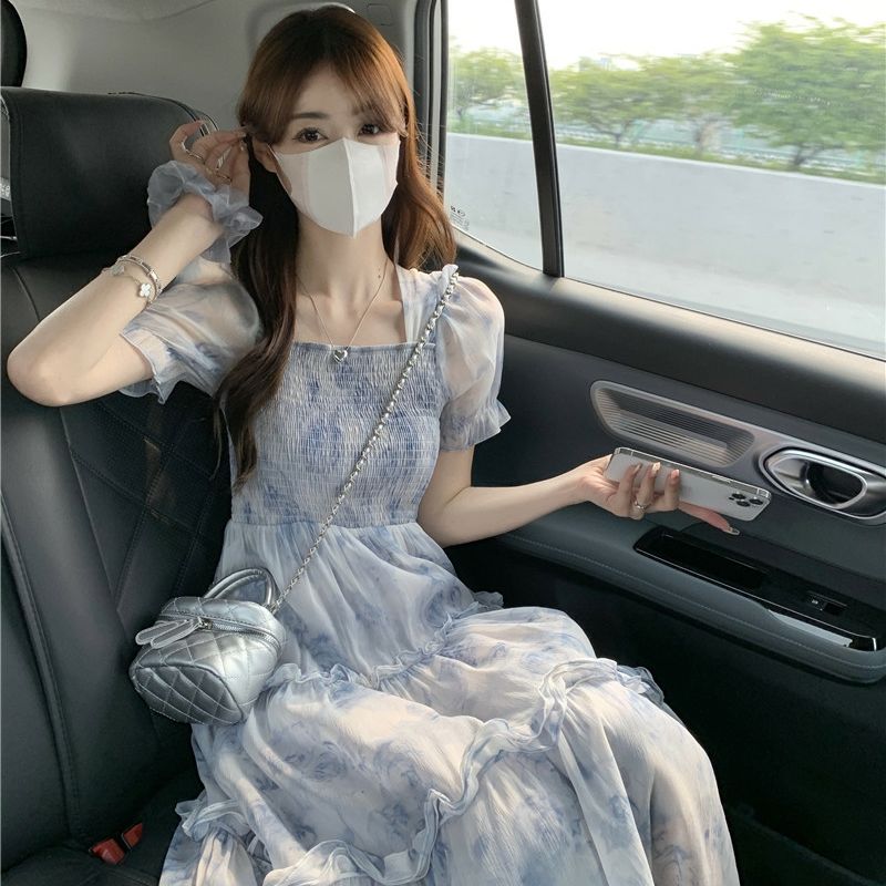 French tea break puff sleeve floral dress for women in summer sweet temperament high-end waist slim A-line long skirt