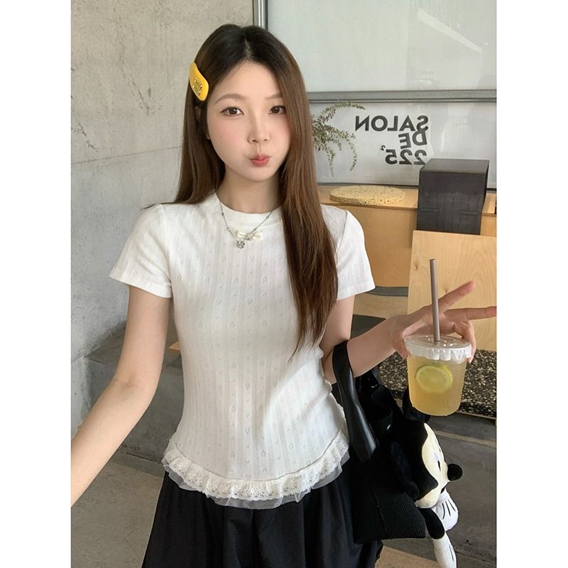 Original jacquard beautiful lace spliced ​​short-sleeved sweater summer age-reducing love jacquard slimming top