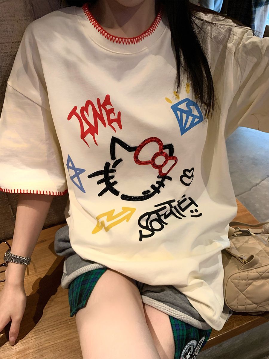 Original workmanship pure cotton sequin craft + printed short-sleeved T-shirt for women