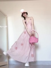 French pink three-dimensional flower suspender dress for women in summer sweet beach vacation beach skirt posing long skirt