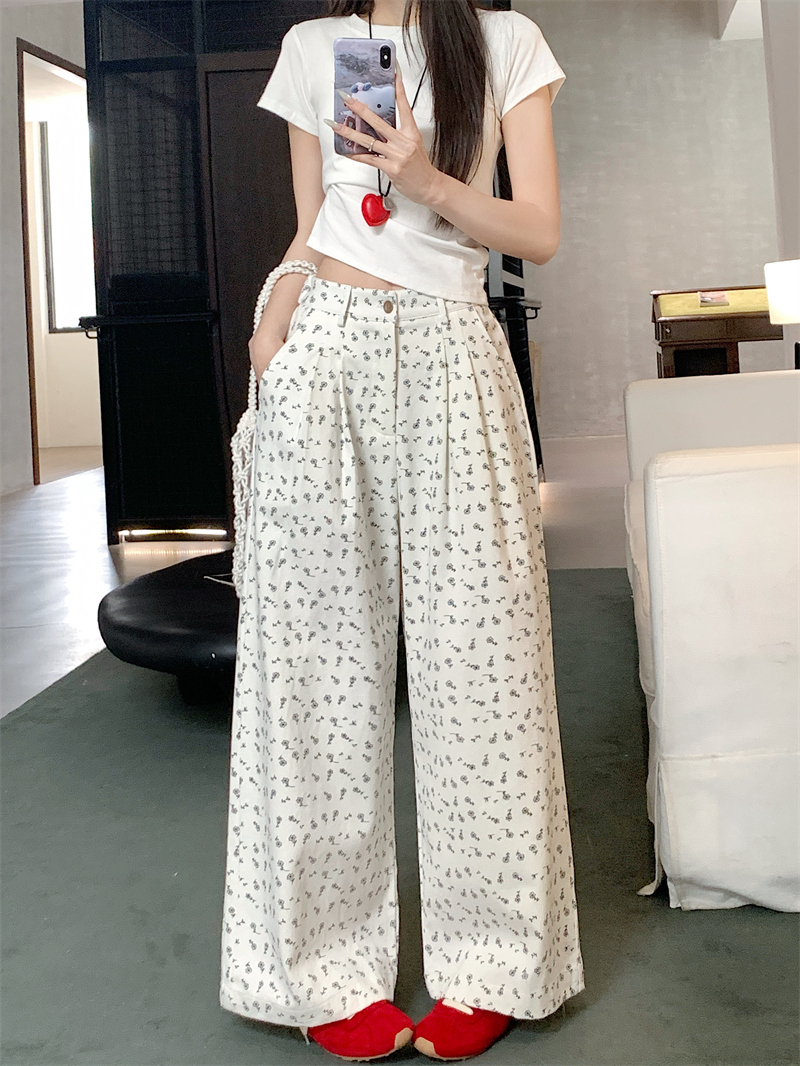 Real shot Korean version of high-waist design, floral age-reducing white wide-leg pants, versatile loose casual pants