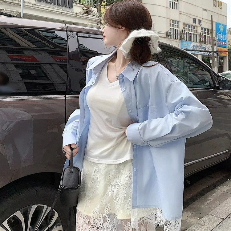 Original shirt fabric spliced ​​lace blue shirt for women's spring and summer Korean sunscreen shirt loose lazy long sleeves