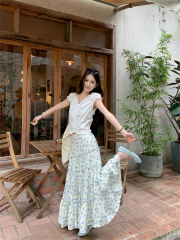 Real shot~ Island flowers are fresh blue floral skirt for women in spring elastic waist cake skirt