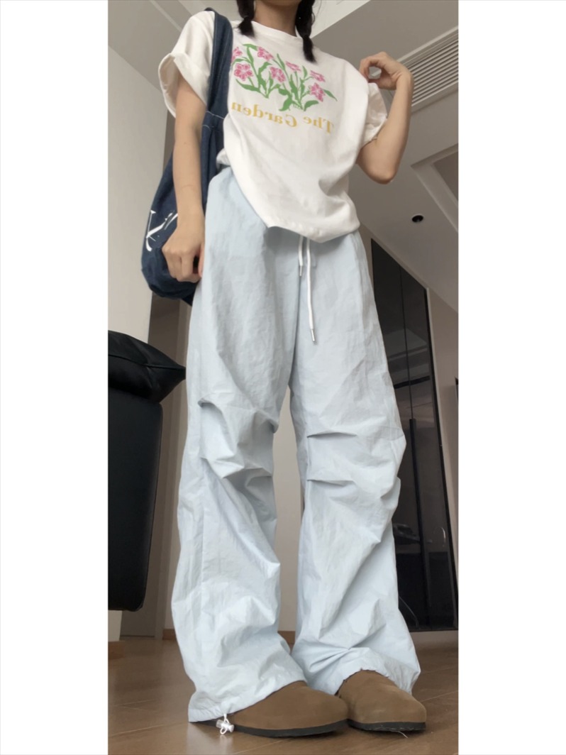 Three-dimensional waist #drawstring pleated parachute pants blue work pants casual trousers trousers summer