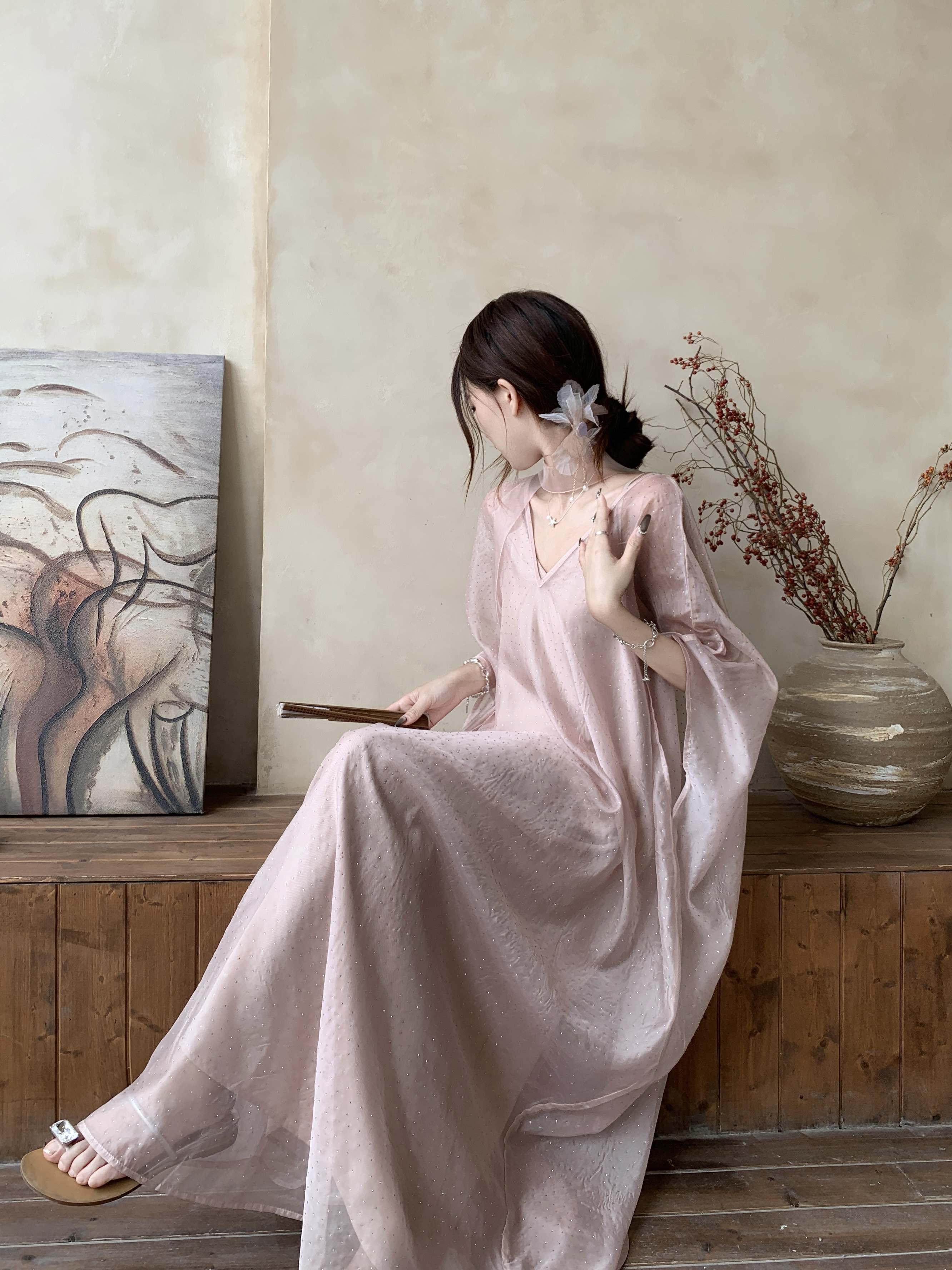 Real shot~ The light fairy picture of the hot diamond design is light and fairy picture of the ancient style, slim sun protection and flowing dress, two-piece set