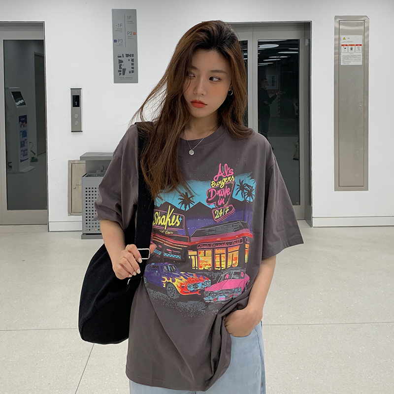 Real shot 6535 tie-up cotton 2025 spring and summer new American retro printed short-sleeved T-shirt for women