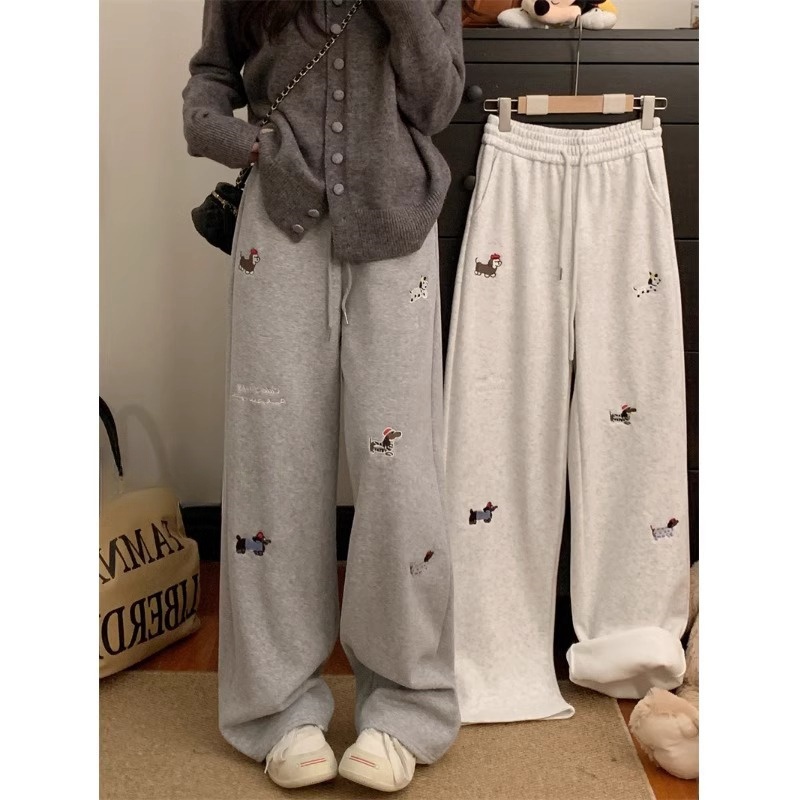 Body waist plus velvet thickened embroidered casual pants for women 2025 autumn and winter sports sweatpants high waist long