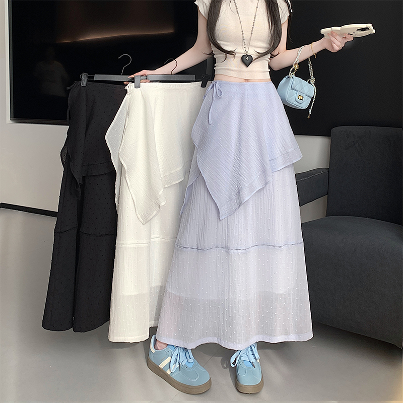 Real shot Korean version of irregular lace-up layered butt curtain skirt spring and summer high waist slimming A-line skirt two-piece set