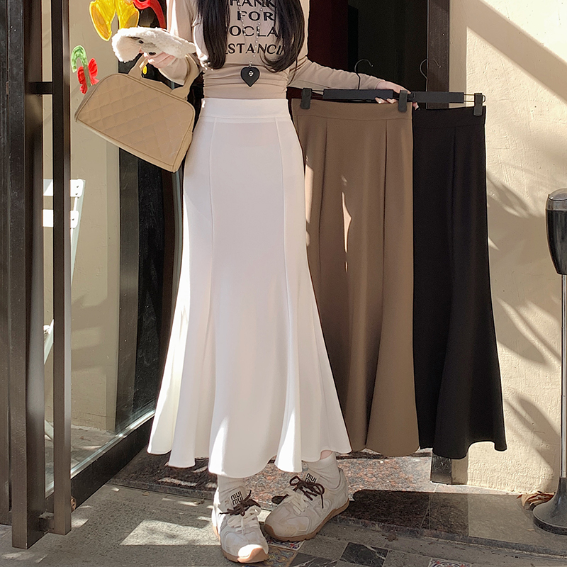 Real shot Korean version of high waist slim fishtail long A-line skirt with slit large skirt for women