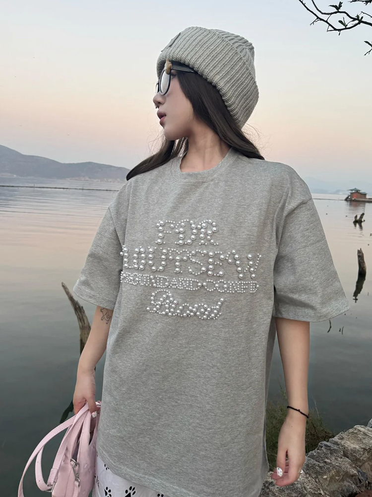230g pure cotton back collar bag shoulder original beads + threaded collar design loose short-sleeved T-shirt top