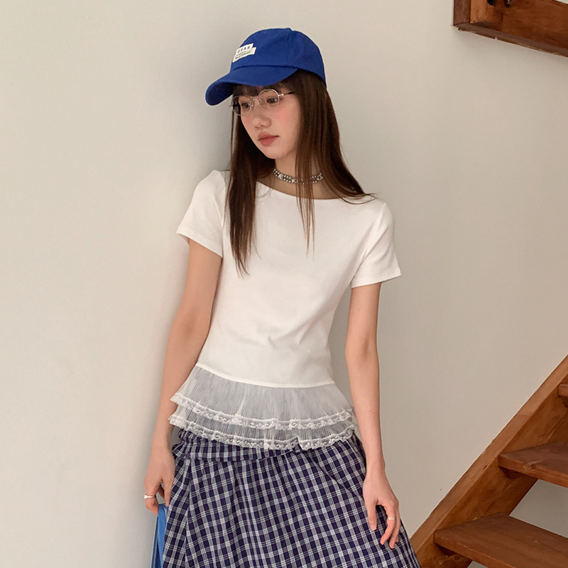 Real-life shots and real price #one-length neck straight shoulder short-sleeved T-shirt for women 2025 new design sense hem lace top trendy