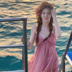 French pink vacation style backless halter neck suspender dress for women's seaside atmosphere photo fairy beach long skirt