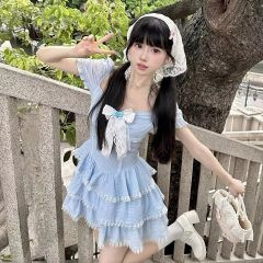 French milk sweet vest blue floral mesh dress for women 2025 spring and summer seaside vacation super fairy long skirt