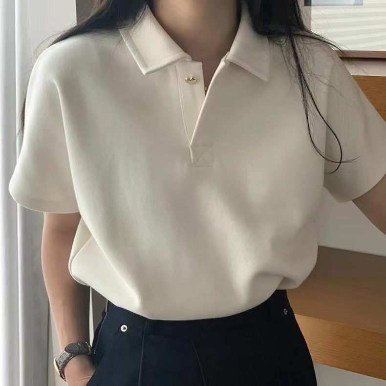 Official picture chic summer French niche POLO collar metal love button loose casual versatile short-sleeved T-shirt for women