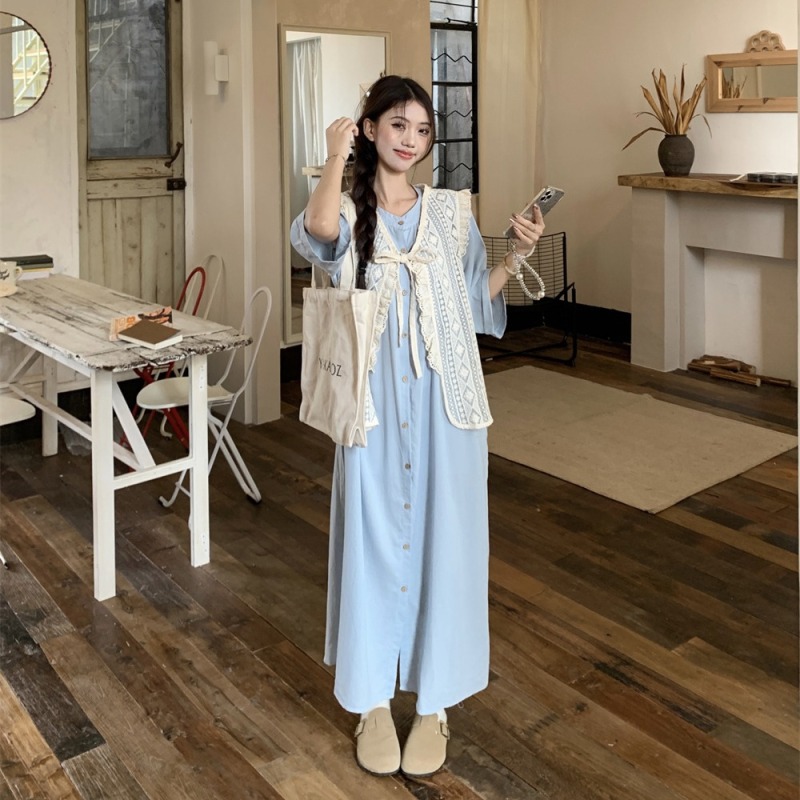 Retro layered lace chic long loose short-sleeved dress for women 2025 summer new fashion two-piece suit