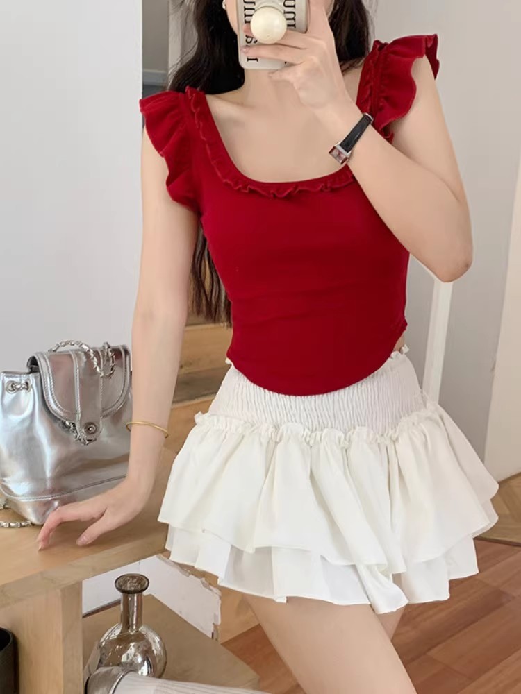 Red small flying sleeve square collar lace vest T-shirt for women 2025 new summer sweet slim short navel top