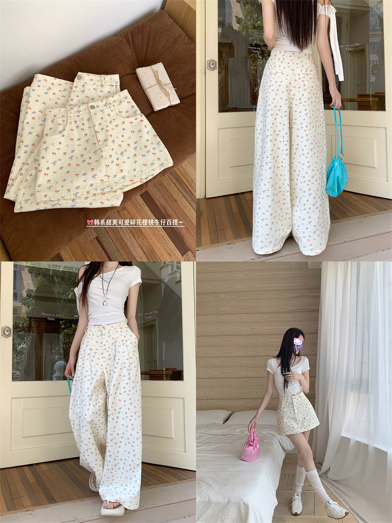 Real photo of lazy style bow-breaking floral denim short skirt, loose wide-leg pants, versatile casual pants