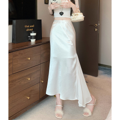 Real shot Korean version of high waist mesh spliced ​​satin long skirt with irregular design and hip-covered A-line skirt