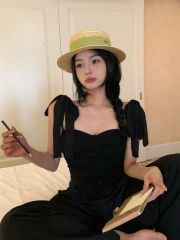 Real shot~ Black suspender vest women's design sense niche high-end sense strapless hot girl top pants suit