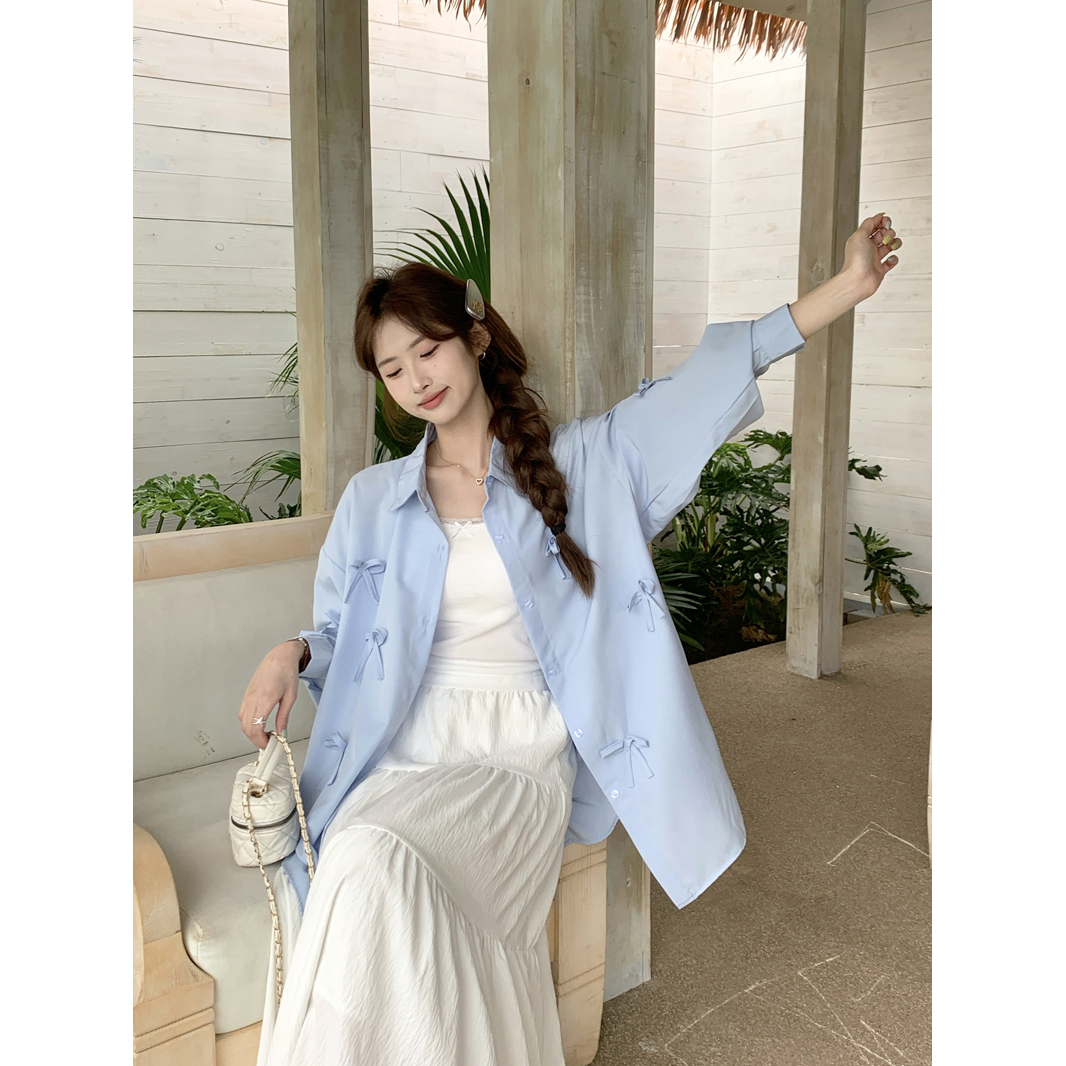 Blue three-dimensional bow shirt women's clothing 2025 early spring design and relaxed versatile top sun protection jacket