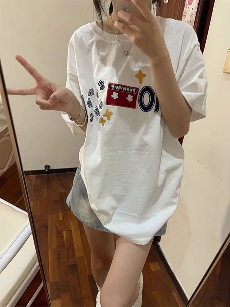 230g pure cotton back collar shoulder patch embroidery + printed design niche short-sleeved t-loose top