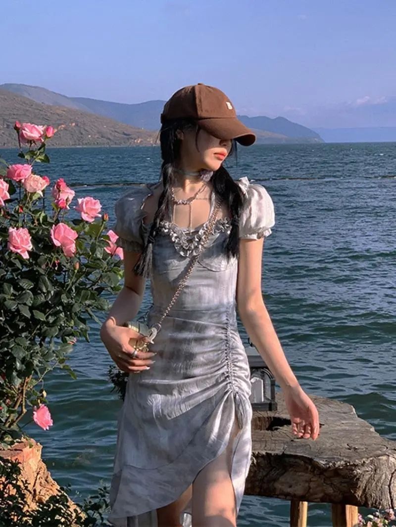 2025 summer new pure desire ink painting pleated dress for women with high-end hot girls ruffled midi skirt