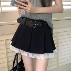 Real shot of spring and summer high-waisted hot girl pleated skirt lace spliced ​​anti-exposure A-line skirt short skirt