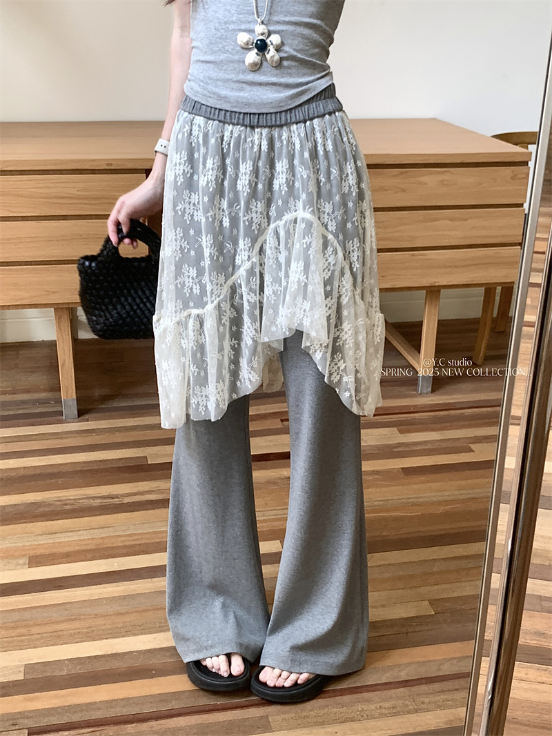 Real shot of lace splicing fake two-piece ass curtain bell-bottom pants Korean version of high-waisted slimming and drooping versatile trousers