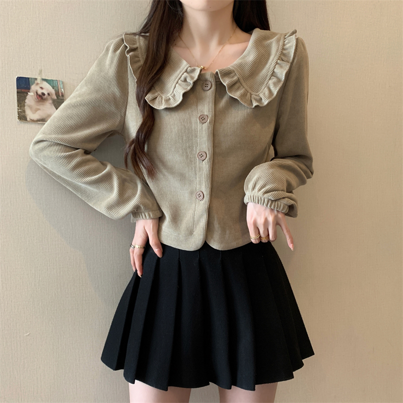 Real photo of doll collar corduroy shirt spring and autumn design niche fashion tops and jacket for women