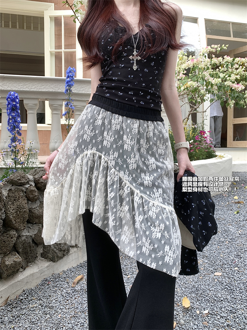 Real shot of lace splicing fake two-piece ass curtain bell-bottom pants Korean version of high-waisted slimming and drooping versatile trousers