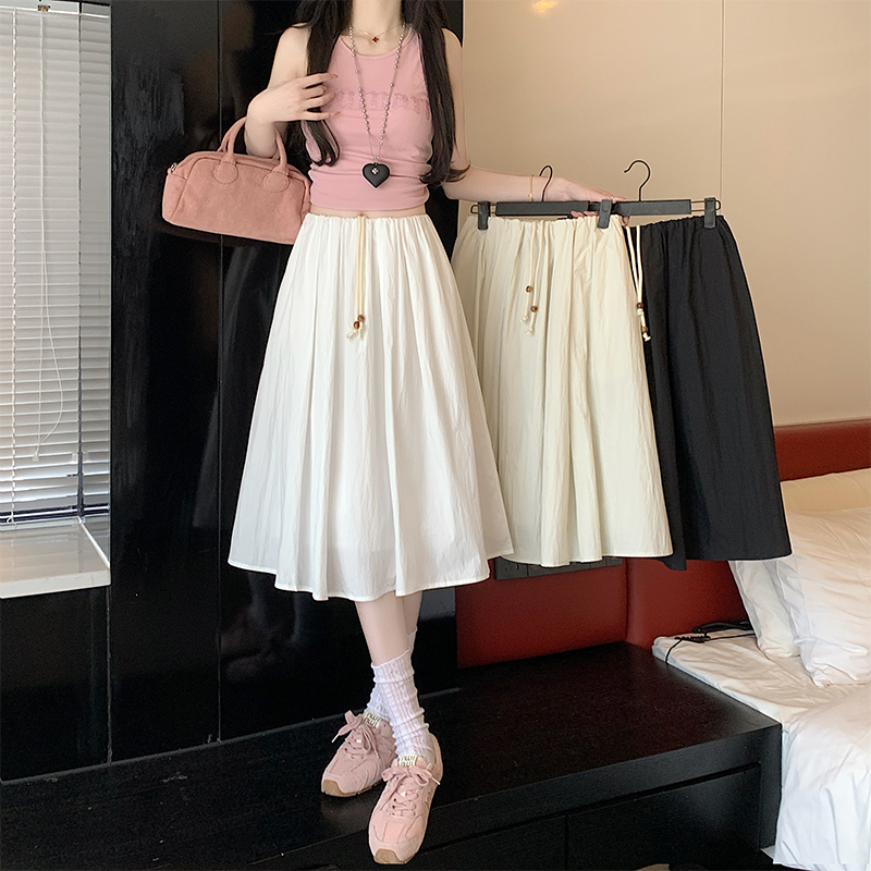 Real shot Korean version of retro elastic waist drawstring skirt versatile slim and fashionable mid-skirt pleated A-line skirt