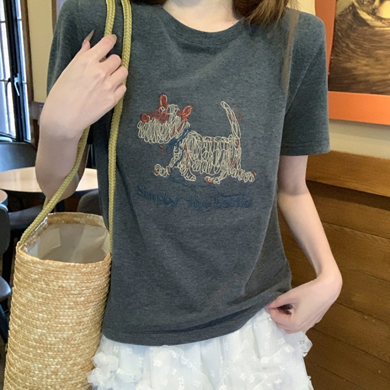Real shot 220g water soft cotton short-sleeved T-shirt for women's summer 2025 new embroidered short slim-fitting round neck top