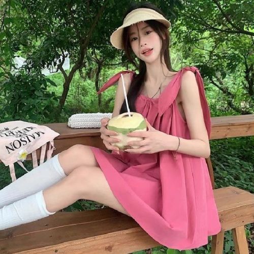 Summer dopamine new fashionable sleeveless drawstring lace-up bow mid-length sweet solid color suspender top trendy