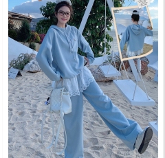 European light blue casual sports suit for women 2025 spring hooded sweatshirt lace spliced ​​wide-leg pants two-piece set