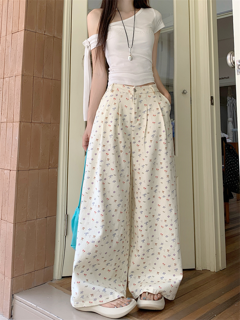 Real photo of lazy style bow-breaking floral denim short skirt, loose wide-leg pants, versatile casual pants