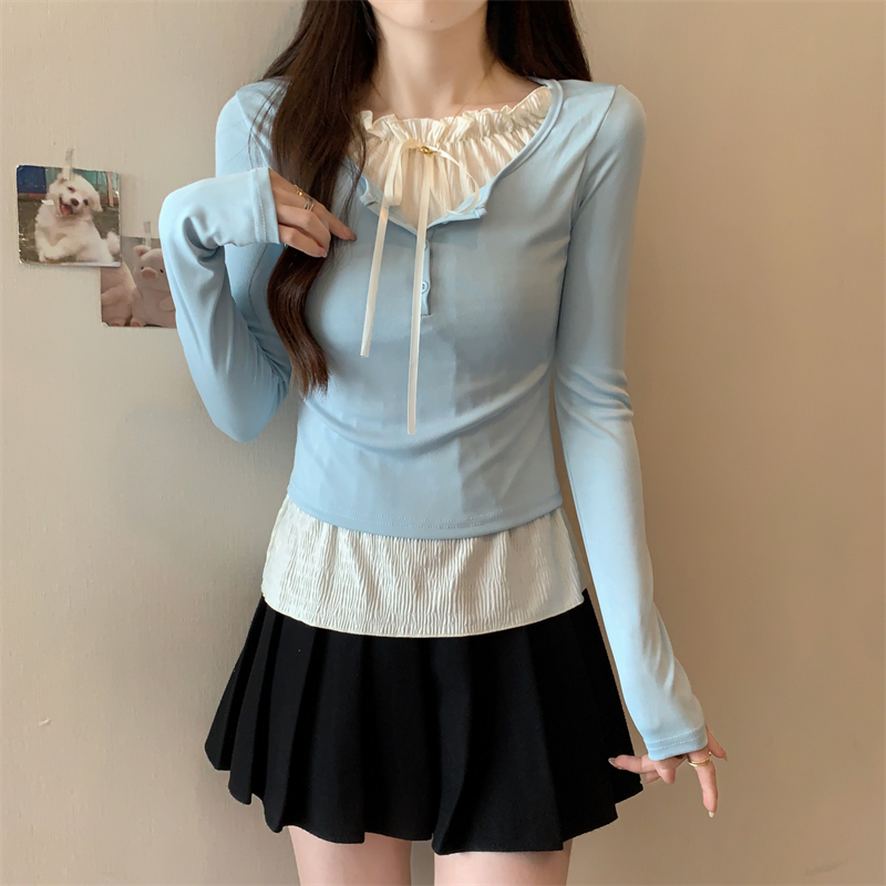 Real-life breasts fufu spring and autumn vacation two unique inner wear pure long-sleeved T-shirt for women's gentle style base shirt top