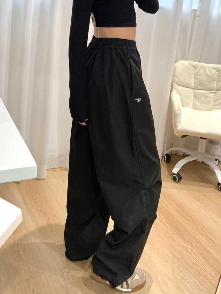 Black American workwear wide-leg pants for women in spring new large size fat mm high waist slimming hips sports paratrooper pants