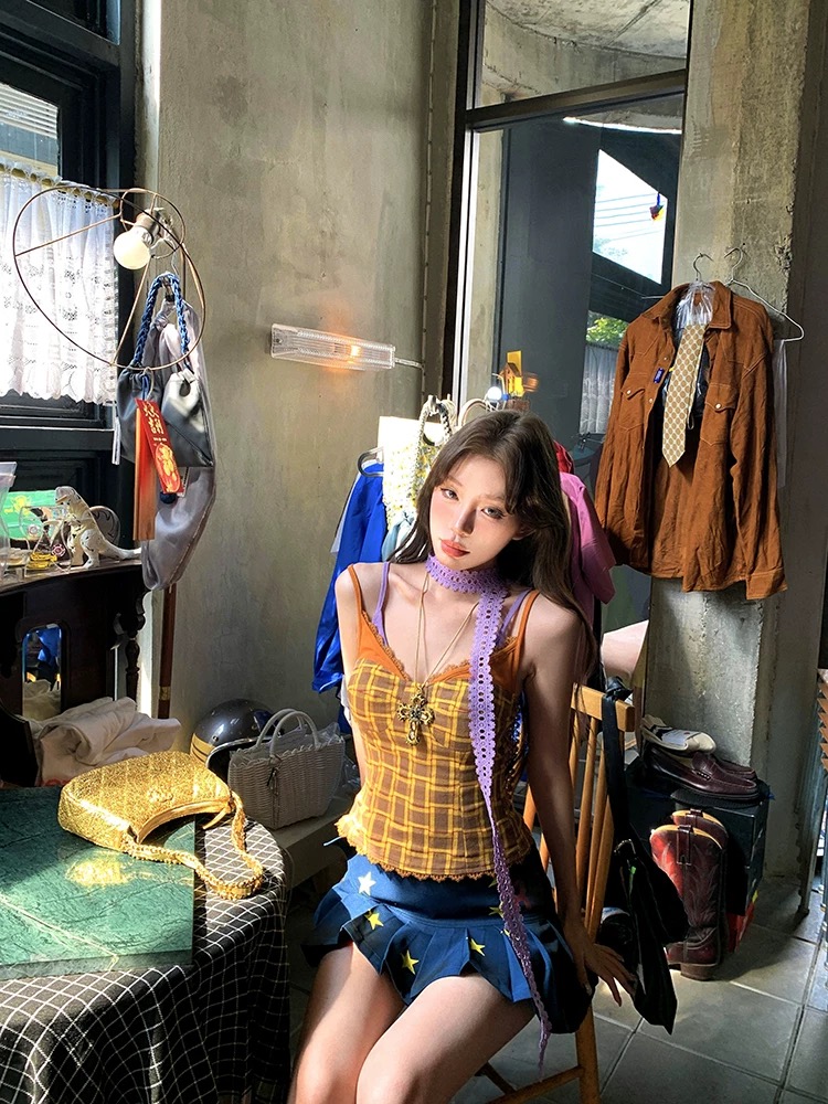 Pinksoya VTG beauty hot girl fake two-piece plaid vest women spring slim fit slim suspender top