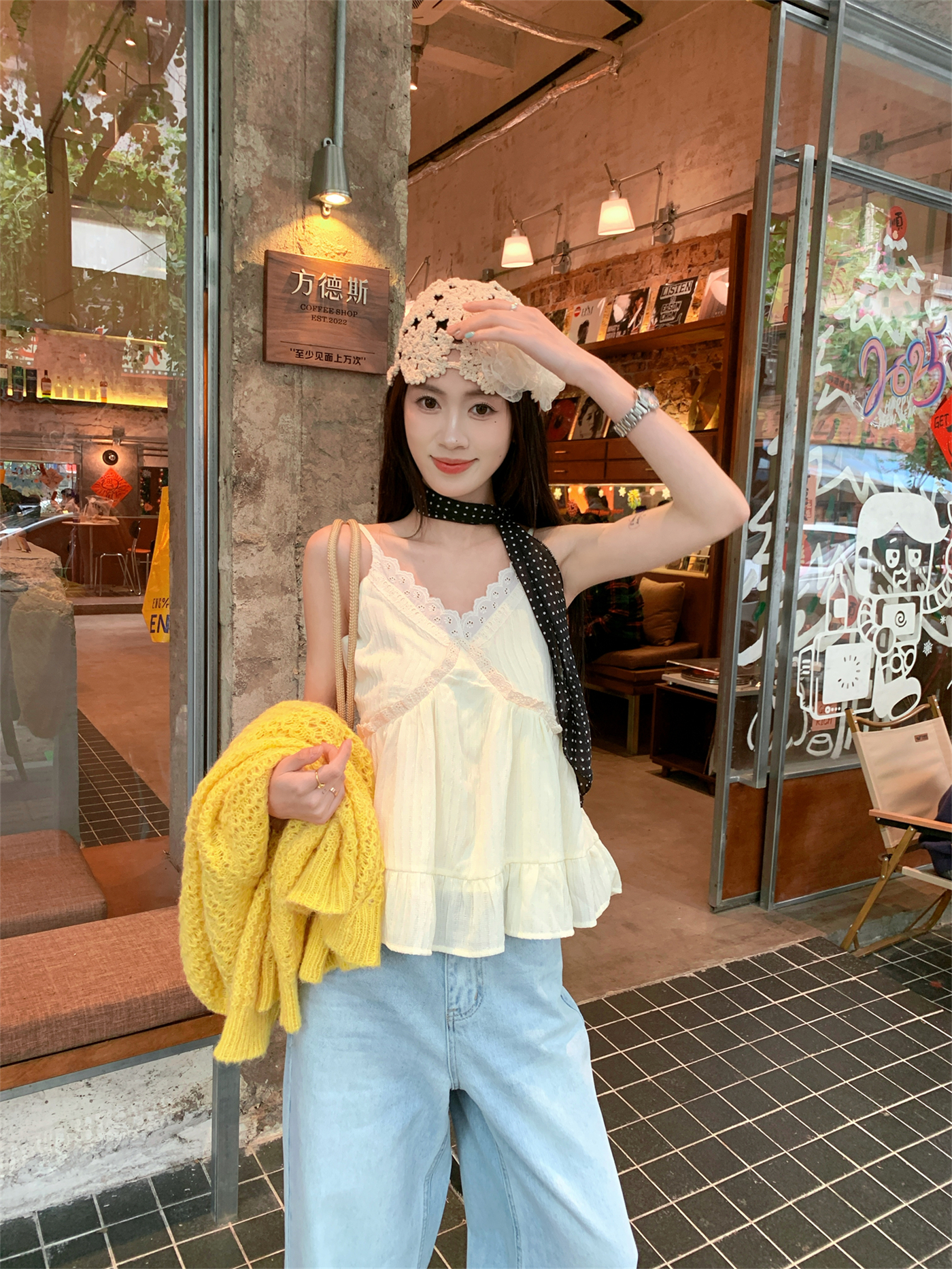 Real shot~ V-neck lazy sweater cardigan rice apricot embroidered suspender shirt French slim suspender two-piece set
