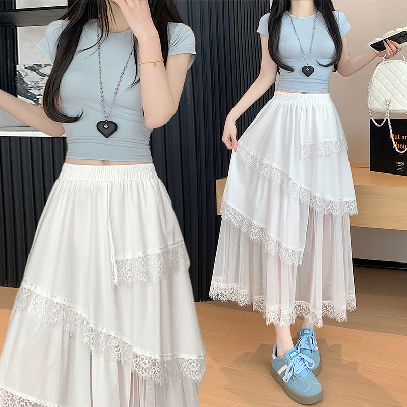Real shot of spring and summer new design irregular skirt mesh spliced ​​eyelashes lace A-line long skirt