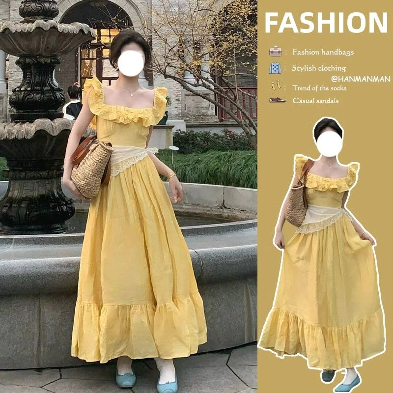 Yellow small flying sleeve square collar suspender dress with scarf 2025 new seaside vacation waist long skirt