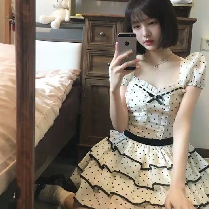 Chiffon fabric + original French gentle temperament polka dot cake skirt design lace exquisite dress