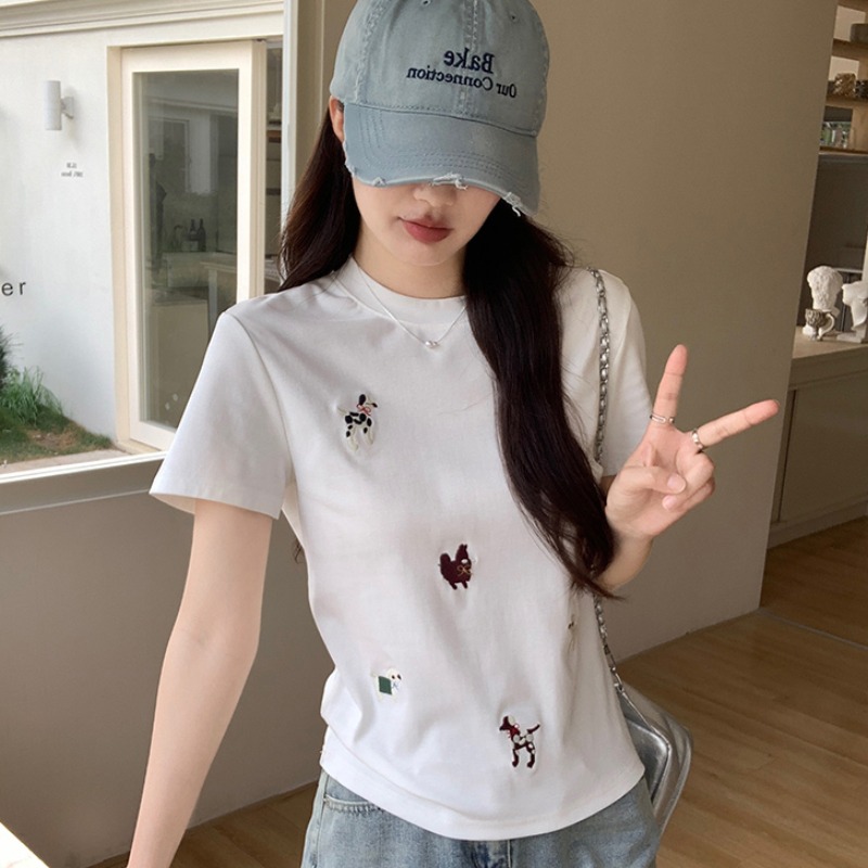 Real shot 210g thread short-sleeved T-shirt for women's summer 2025 new embroidered short slim-fitting round neck Korean top