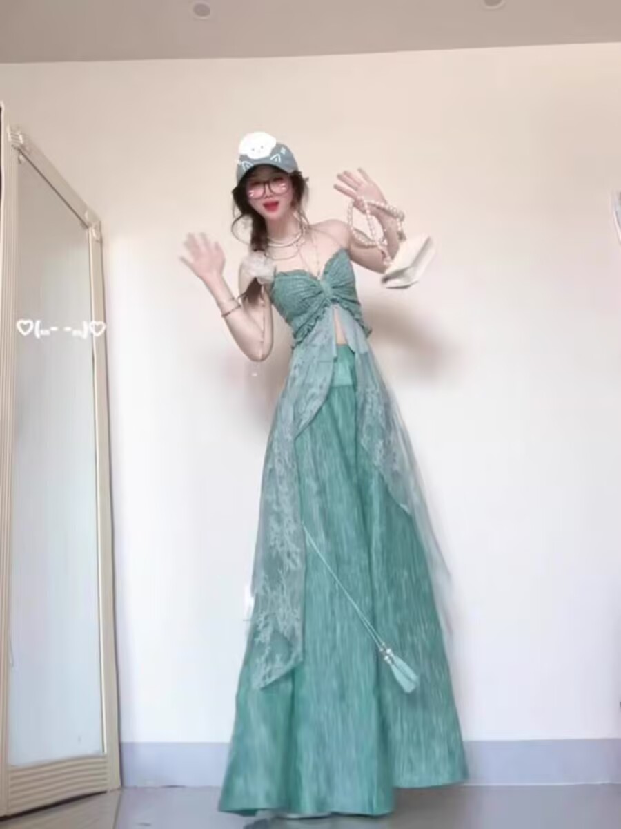 Mint green summer outfit vacation style design irregular Tennis suspender top + wide-leg pants two-piece set