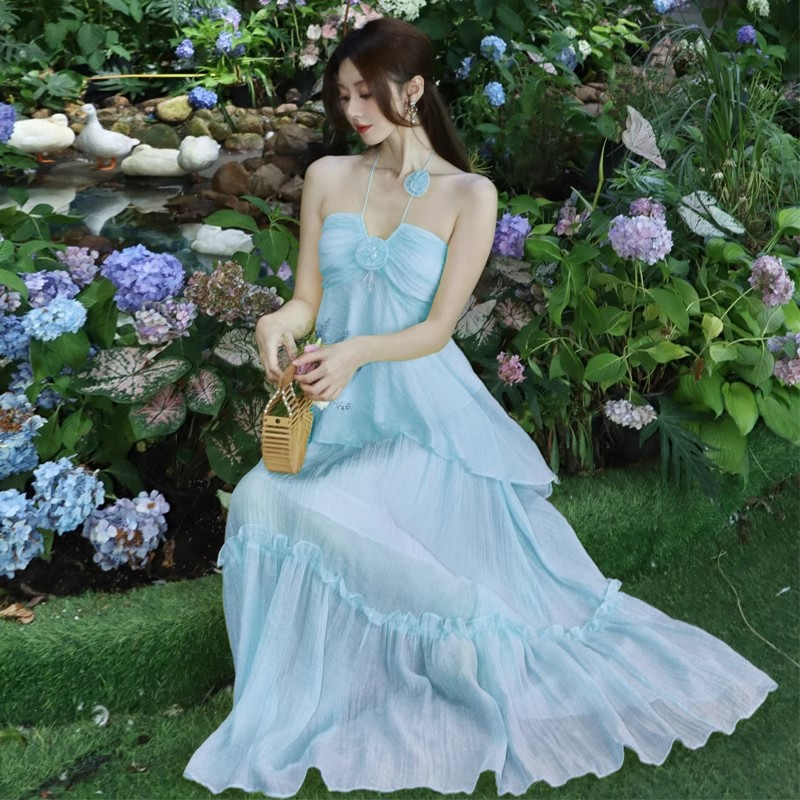 French high-end feeling super beautiful blue super fairy temperament suspender dress beautiful unique seaside vacation skirt