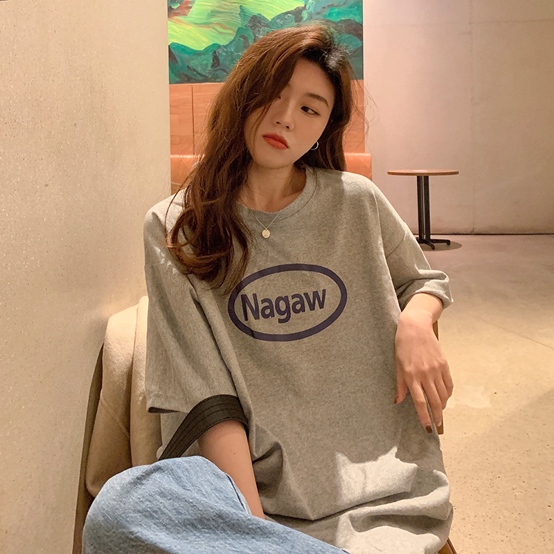 Real shot 200g pure cotton 2025 new loose mid-length letter printed short-sleeved T-shirt for women